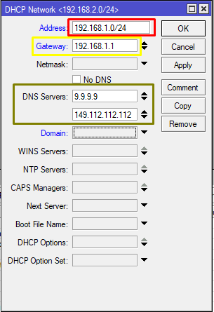 Opciones DHCP Network MikroTik